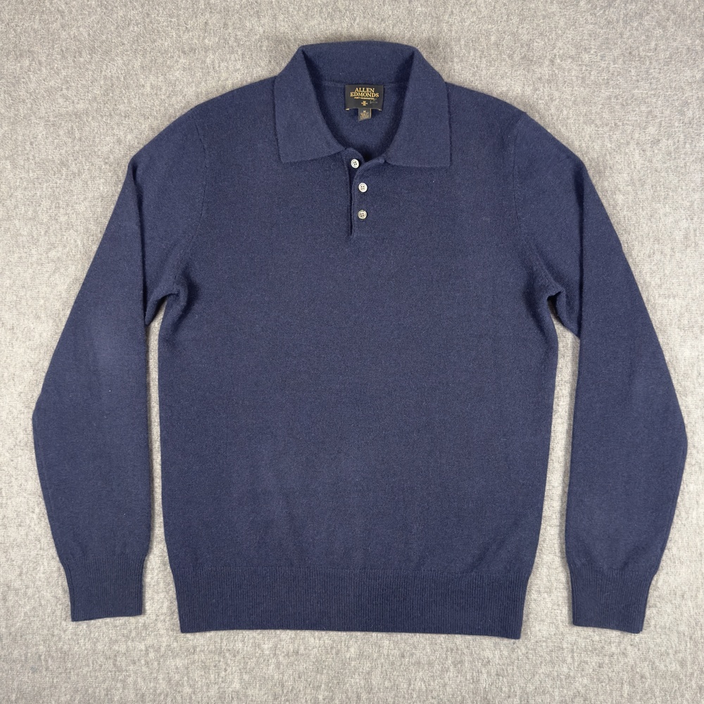 Allen Edmonds Cashmere Sweater Mens Medium Blue Collared Polo Long Sleeve Knit